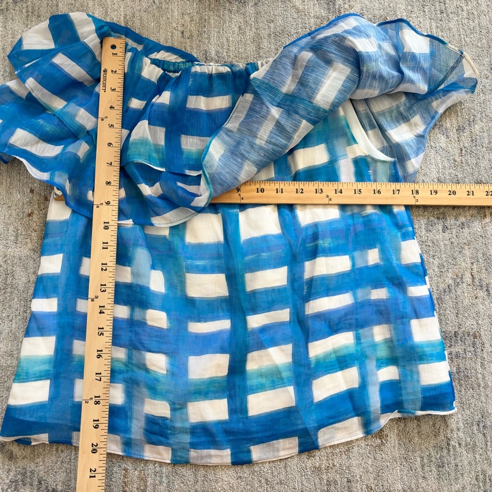 MARIE OLIVER Yaya Blouse In Amalfi Madras Ruffle Top Off The Shoulder Chic Small - Picture 6 of 7